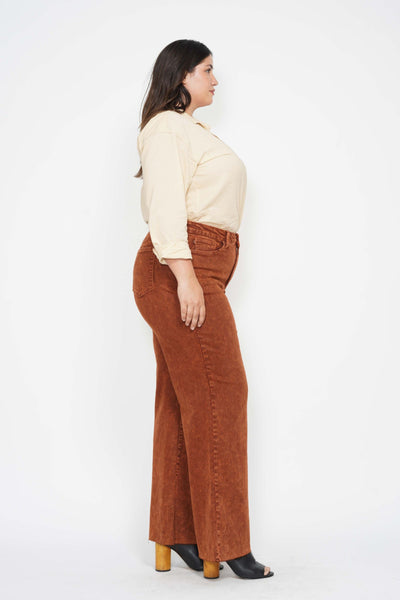 Judy Blue High Waist Garment Dyed Pumpkin Spice Raw Hem Retro Wide Leg Denim 88888-Jeans-Sunshine and Wine Boutique