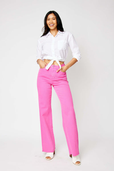 Judy Blue High Waist Garment Dyed Hot Pink 90’s Straight Denim 88816-Jeans-Sunshine and Wine Boutique