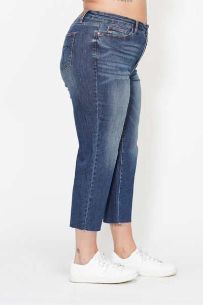 Judy Blue High Waist Back Pocket Embroidery Crop Wide Leg Denim 88873-Jeans-Sunshine and Wine Boutique