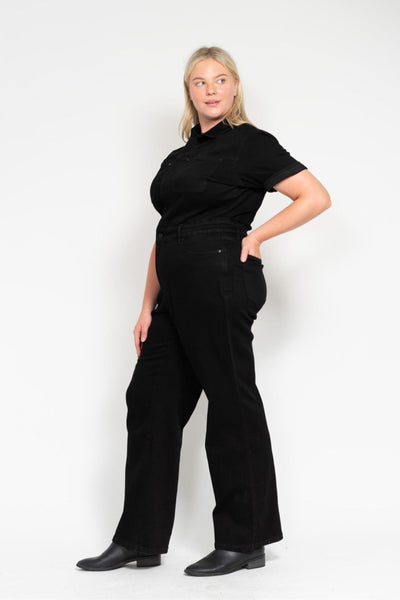 Judy Blue High Waist Garment Dyed Black Tummy Control Short Sleeve Straight Denim Jeans Jumpsuit 88853-Jeans-Sunshine and Wine Boutique