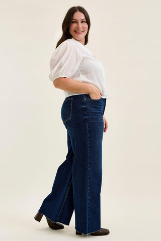 Judy Blue High Waist Adjustable Waistband Tabs Raw Hem Retro Wide Leg Denim Jeans 881114