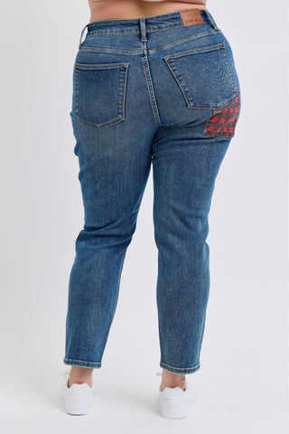 Judy Blue High Waist Plaid Patch Slim Denim Jeans 88868