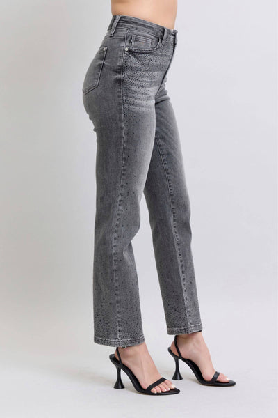 Judy Blue High Waist Rhinestone Gray Straight Denim Jeans 88919-Jeans-Sunshine and Wine Boutique