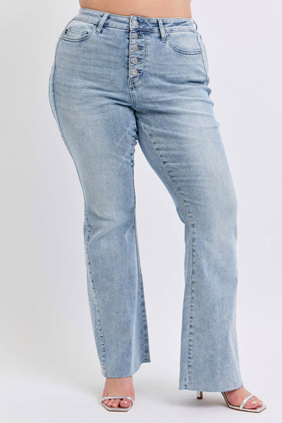 Judy Blue Mid Rise Button Fly Rhinestone Side Panel Detail Flare Denim Jeans 88895-Jeans-Sunshine and Wine Boutique