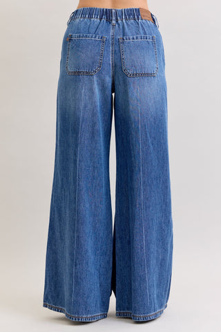 Judy Blue High Waist Featherweight Rigid Elastic Waistband Drawstring Palazzo Denim Jeans 881016