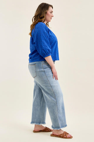 Judy Blue Mid Rise Hollywood Fray Hem Wide Leg Denim Jeans 82728