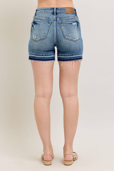 Judy Blue Mid Rise Tummy Control Vintage Wash Release Hem Denim Short 150299-Shorts-Sunshine and Wine Boutique