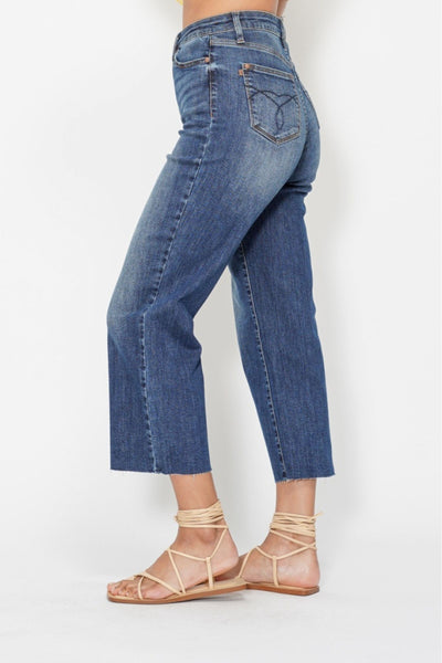 Judy Blue High Waist Back Pocket Embroidery Crop Wide Leg Denim 88873-Jeans-Sunshine and Wine Boutique