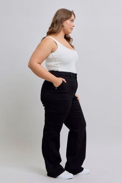 Judy Blue High Waist Cargo Wide Leg Black Denim Jeans 88886-Jeans-Sunshine and Wine Boutique