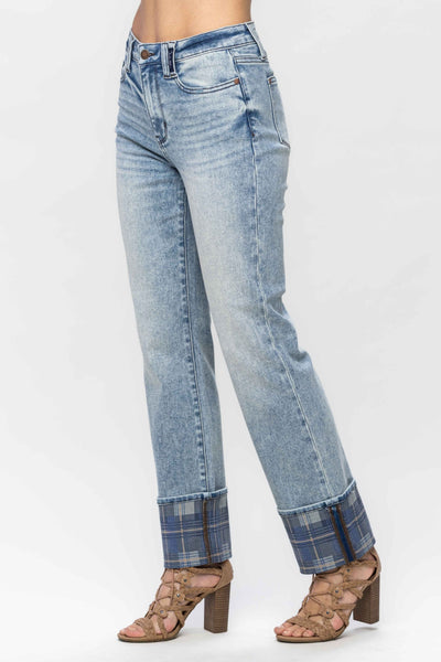 Judy Blue High Waist Vintage Plaid Cuff Straight Denim 88747 - Exclusive-Jeans-Sunshine and Wine Boutique