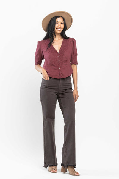 Judy Blue High Waist Garment Dyed Frayed Hem 90's Straight Denim 82531, Brown-Jeans-Sunshine and Wine Boutique