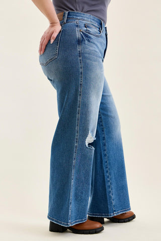 Judy Blue High Waist Tummy Control Leopard Waistband Lux Retro Wide Leg Denim Jeans 881192
