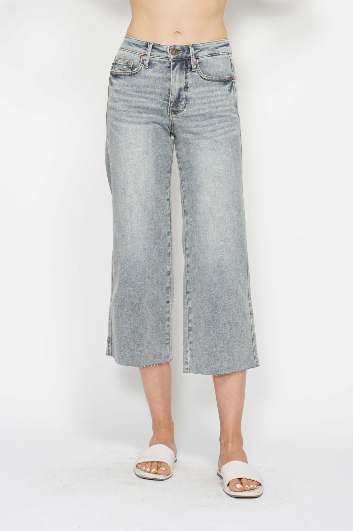 Judy Blue Mid Rise Tummy Control Raw Hem Wide Leg Crop Denim 88903-Jeans-Sunshine and Wine Boutique