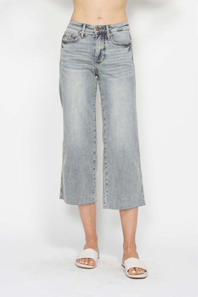 Judy Blue Mid Rise Tummy Control Raw Hem Wide Leg Crop Denim 88903-Jeans-Sunshine and Wine Boutique