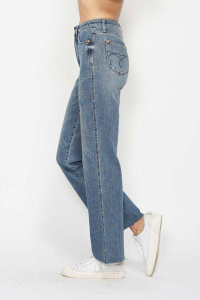 Judy Blue High Waist "Tummy Control" Raw Hem Straight Denim 88848-Jeans-Sunshine and Wine Boutique