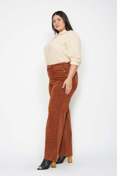 Judy Blue High Waist Garment Dyed Pumpkin Spice Raw Hem Retro Wide Leg Denim 88888-Jeans-Sunshine and Wine Boutique