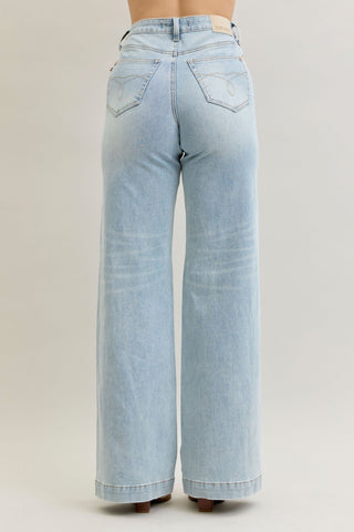 Judy Blue High Waist Retro Wide Leg Criss Cross Mild Destroy Jeans 881024