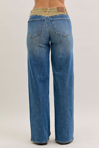 Judy Blue Mid Rise Corduroy Waist Column Straight Denim Jeans 881054