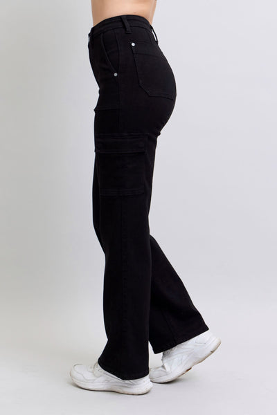 Judy Blue High Waist Cargo Wide Leg Black Denim Jeans 88886-Jeans-Sunshine and Wine Boutique