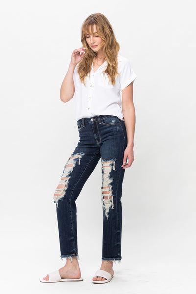 Judy Blue Mid Rise Heavy Destroy Straight Denim 82534-Jeans-Sunshine and Wine Boutique