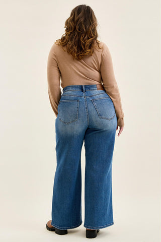 Judy Blue High Waist Tummy Control Leopard Waistband Lux Retro Wide Leg Denim Jeans 881192