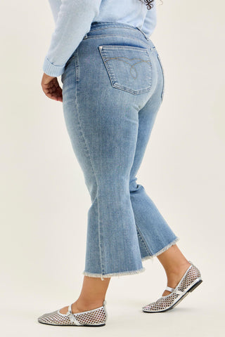 Judy Blue Mid Rise Frayed Hem Kick Flare Denim Jeans 82721