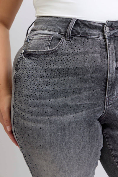 Judy Blue High Waist Rhinestone Gray Straight Denim Jeans 88919-Jeans-Sunshine and Wine Boutique