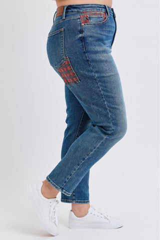 Judy Blue High Waist Plaid Patch Slim Denim Jeans 88868