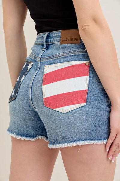 Judy Blue High Waist Front & Back Pocket American Flag Fray Hem Denim Short 150321-Shorts-Sunshine and Wine Boutique