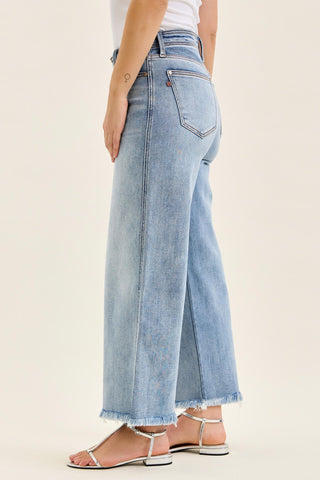 Judy Blue Mid Rise Hollywood Fray Hem Wide Leg Denim Jeans 82728