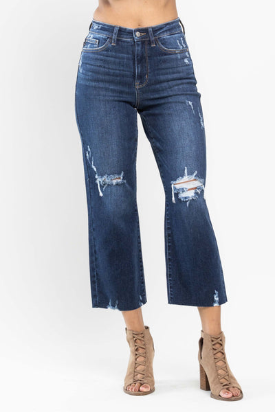 Judy Blue High Waist Knee Destroy Wide Leg Crop Denim 82593-Jeans-Sunshine and Wine Boutique