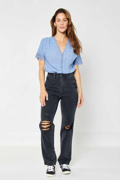 Judy Blue High Rise Rigid Magic 90's Distressed Straight Jeans in Black 88737-Jeans-Sunshine and Wine Boutique