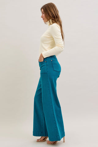 Judy Blue Mid Rise Teal Utility Wide Leg Denim Jeans 881061