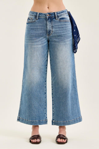 Judy Blue Mid Rise Back Dart & Bandana Loop Ankle Wide Leg Denim Jeans 881142