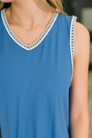 Dear Scarlett Airloom Trim Detail Mini Tank Dress in Ocean Blue
