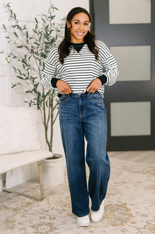 Zenana Almost Therapeutic Drop Shoulder Pullover in White and Black