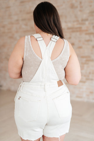 Judy Blue Anna High Rise Garment Dyed Cutoff Shortalls in Ecru - Exclusive