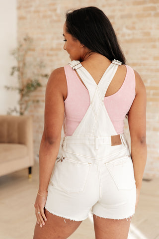Judy Blue Anna High Rise Garment Dyed Cutoff Shortalls in Ecru - Exclusive