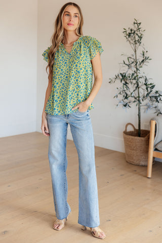Kori Anywhere We Go Flutter Sleeve Top in Blue Combo