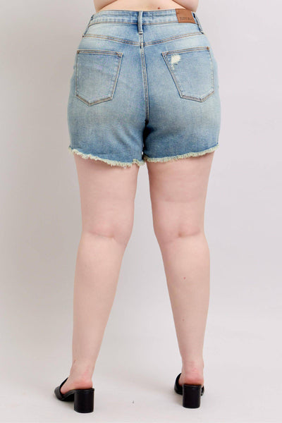 Judy Blue High Waist Vintage Wash Fly Stitch Detail & Destroy Denim Short 150323-Shorts-Sunshine and Wine Boutique