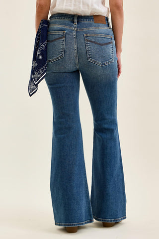 Judy Blue Mid Rise Triple Needle Pockets & Bandana Loop Jaqueline Flare Denim Jeans 82726