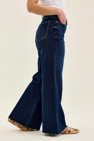 Judy Blue High Waist Adjustable Waistband Tabs Raw Hem Retro Wide Leg Denim Jeans 881114 - Petite