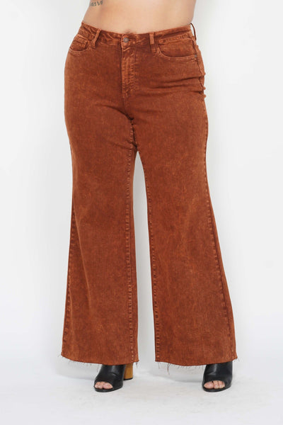 Judy Blue High Waist Garment Dyed Pumpkin Spice Raw Hem Retro Wide Leg Denim 88888-Jeans-Sunshine and Wine Boutique