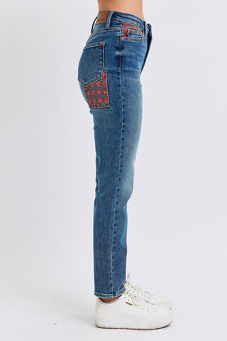 Judy Blue High Waist Plaid Patch Slim Denim Jeans 88868