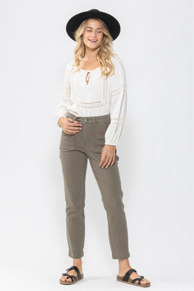 Judy Blue High Waist Olive Utility Slim Denim Jeans 88193-Jeans-Sunshine and Wine Boutique