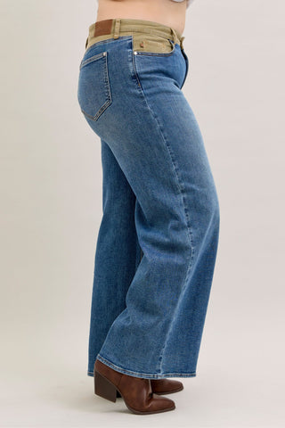 Judy Blue Mid Rise Corduroy Waist Column Straight Denim Jeans 881054