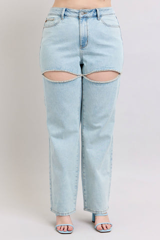 Judy Blue High Waist Rigid Magic Rhinestone Slits Detail Straight Denim Jeans 88954