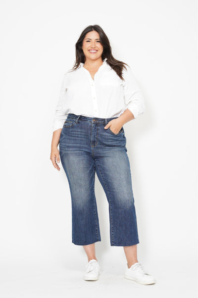 Judy Blue High Waist Back Pocket Embroidery Crop Wide Leg Denim 88873-Jeans-Sunshine and Wine Boutique