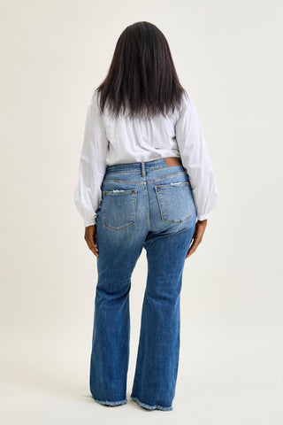 Judy Blue Mid Rise Button Fly Destroyed Fray Hem Flare Denim Jeans 82638