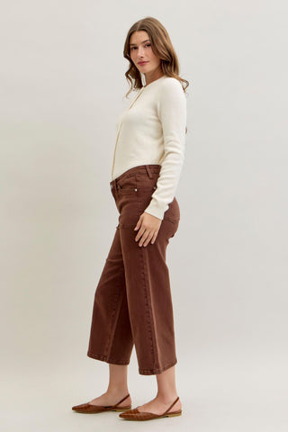 Judy Blue Mid Rise Garment Dyed Maple Utility Pocket Wide Leg Crop Denim Jeans 881017